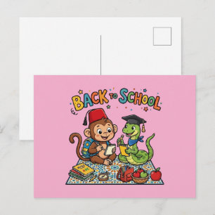 Carte Postale Dessin animé de rentrée scolaire avec un singe mig