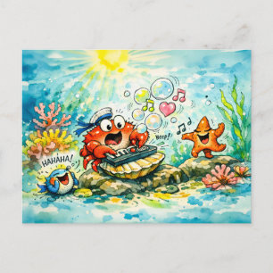 Carte Postale Dessin animé d'un crabe jouant sur un clavier