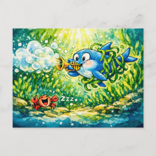 Carte Postale Dessin animé d'un requin jouant de la trompette