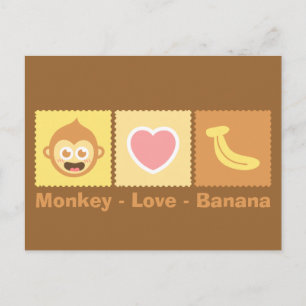 Carte Postale Dessin animé mignon de singe, d'amour et de banane