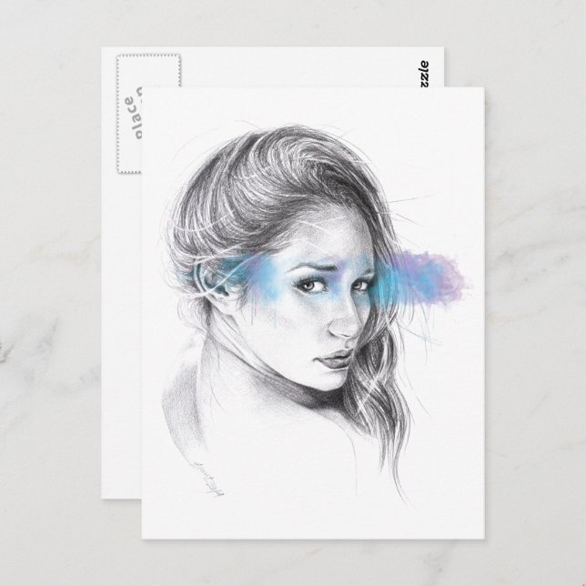 Carte Postale Dessin au crayon de portrait de fille (Devant / Derrière)