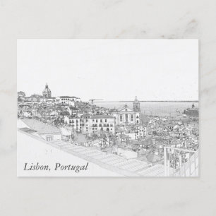 Carte Postale Dessin au crayon du district d'Alfama à Lisbonne