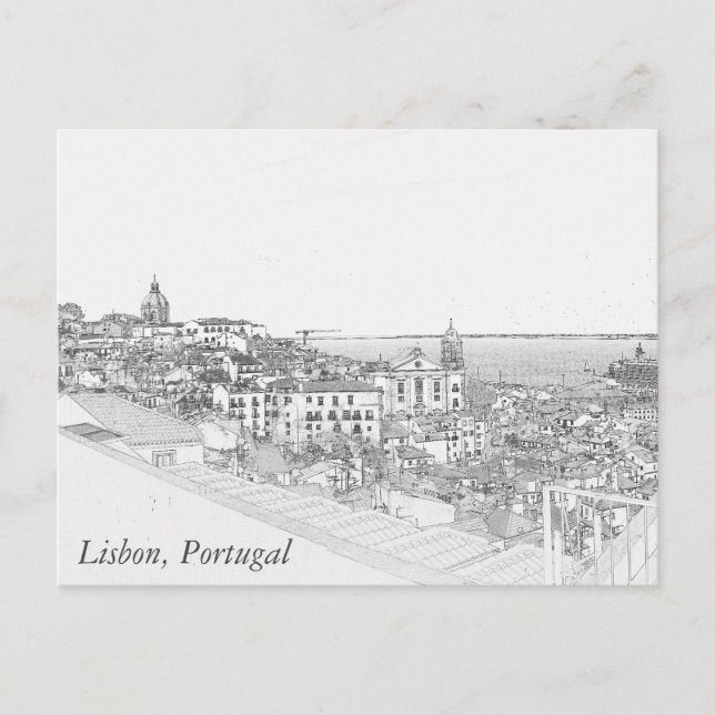 Carte Postale Dessin au crayon du district d'Alfama à Lisbonne (Devant)