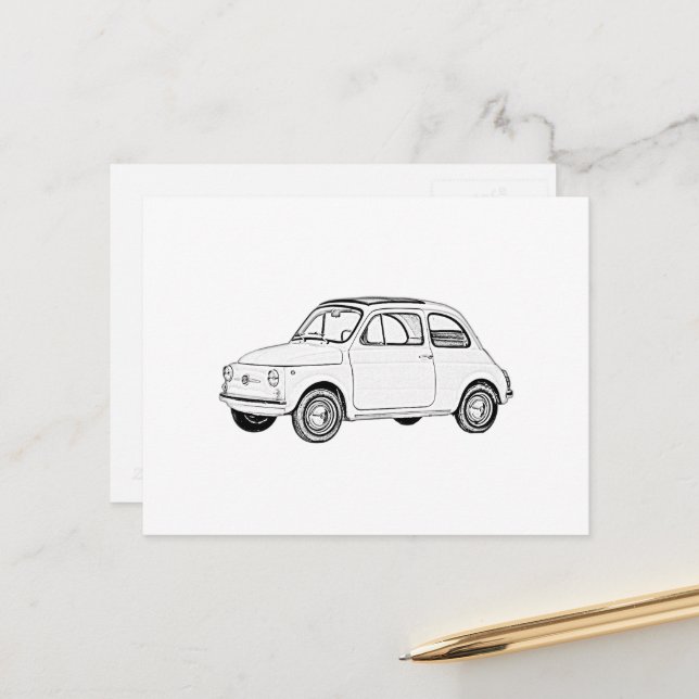 Carte Postale Dessin au crayon noir et blanc Fiat 500 Topolino (Devant/Arrière en situation)