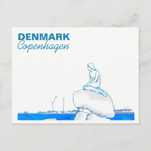 Carte Postale Dessin bleu de la petite sirène de Copenhague