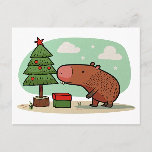 Carte Postale Dessin charmant et ludique de capybara de Noël (Devant)