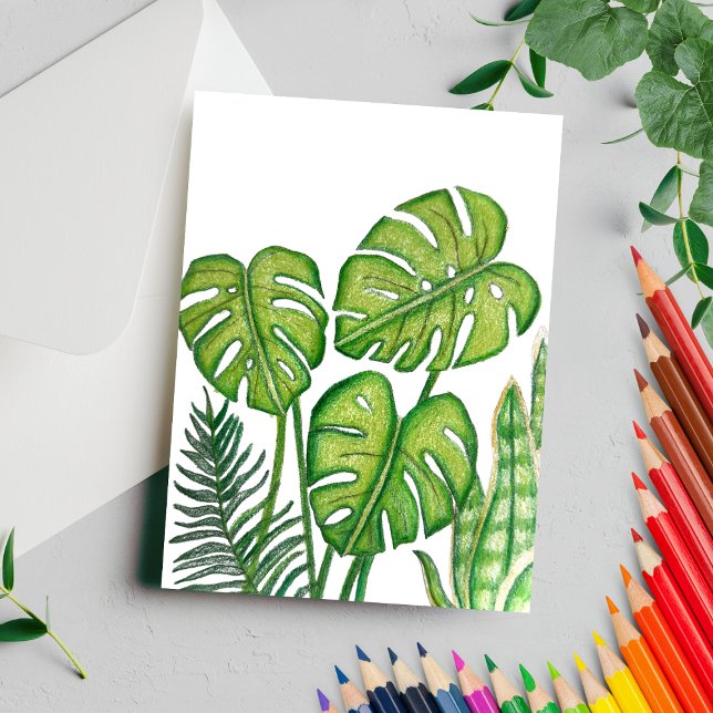 Carte Postale Dessin de feuilles de Monstera vertes au crayon de (Créateur téléchargé)