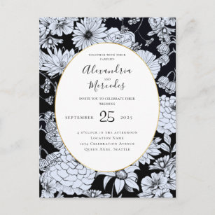 Carte Postale Dessin de fleurs, noir blanc "Faire-part de mariag