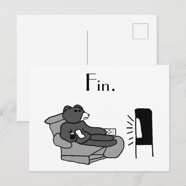Carte Postale Dessin de Lazy Dad Bear avec "Fin", Vidéo Noir (Devant / Derrière)
