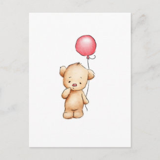 Carte Postale Dessin de l'ours en peluche avec ballon rouge