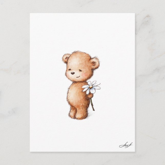 Carte Postale Dessin de l'ours en peluche avec marguerite (Devant)