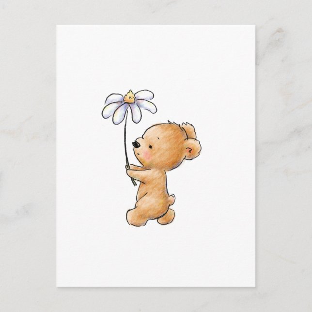 Carte Postale Dessin de l'ours en peluche marchant avec la fleur (Devant)
