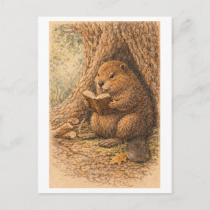 Carte Postale Dessin de style vintage d'un castor lisant dans un