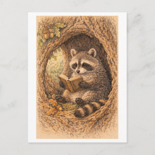 Carte Postale Dessin de style vintage d'un raton laveur lisant d
