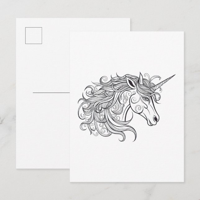 Carte Postale Dessin de tête de licorne petit (Devant / Derrière)