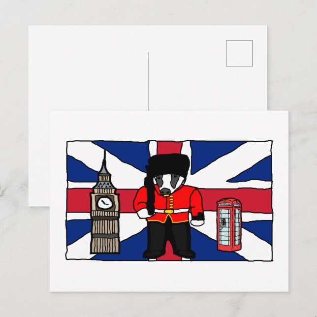 Carte Postale Dessin d'un Badger britannique avec Big Ben et dra (Devant / Derrière)