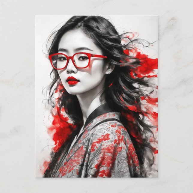 Carte Postale Dessin d'une femme asiatique blanche noire (Devant)