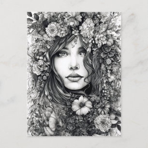 Carte Postale Dessin en noir et blanc d'une femme avec des fleur