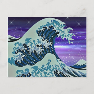 Carte Postale Dessin japonais de la vague de tsunami bleu