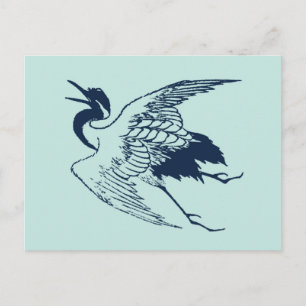 Carte Postale Dessin japonais vintage d'une grue, bleu