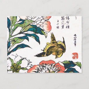Carte Postale Dessin japonais vintage, Peonies et Bruant