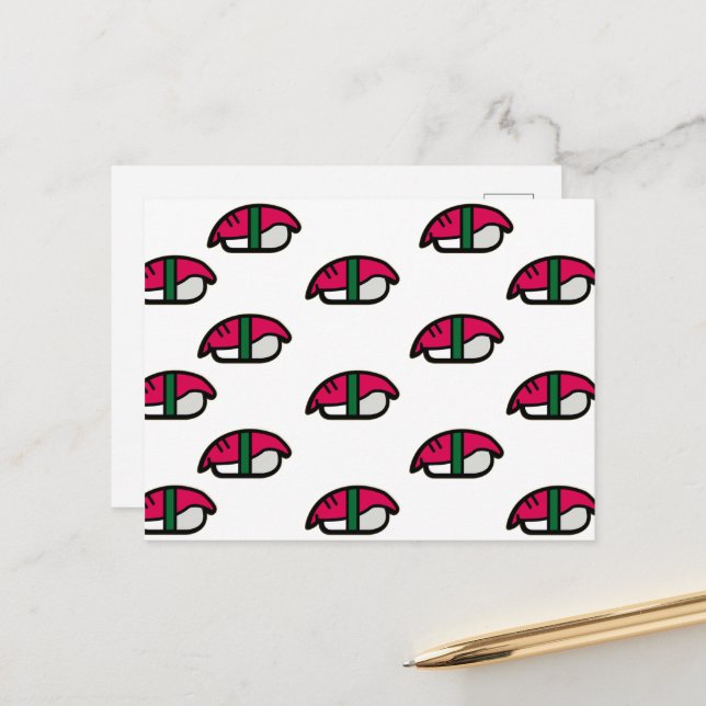 Carte Postale Dessin Kawaii Sushi, Riz de Poisson et Algues (Devant/Arrière en situation)