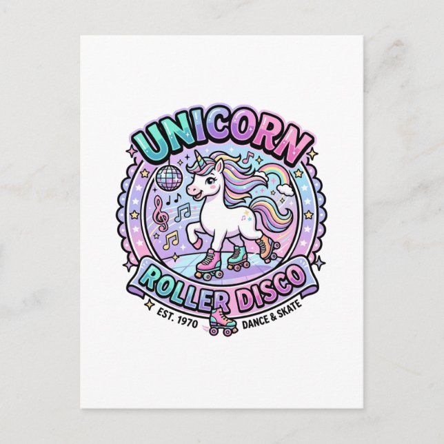 Carte Postale Dessin licorne roller disco POD prêt pour le march (Devant)