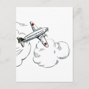 Carte Postale Dessin noir et blanc de l'avion vintage
