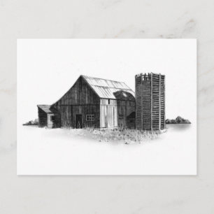 CARTE POSTALE DESSIN PENCIL : OLD BARN, SILO : RÉALISME
