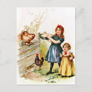 Carte Postale Dessin vintage : Alimentation du porc