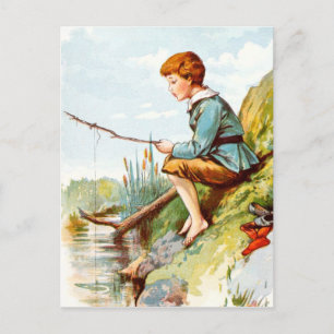 Carte Postale Dessin vintage : Boy Fishing in a River