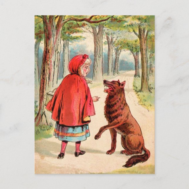 Carte Postale Dessin vintage : Chaperon rouge et loup (Devant)