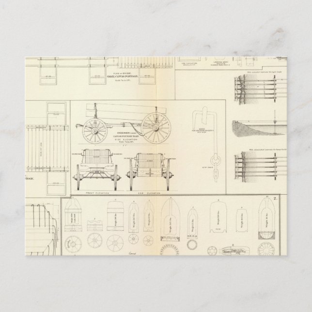 Carte Postale Dessins bateaux, ponts, chariots, projectiles (Devant)