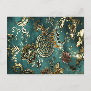 Carte Postale Détail du tissu de soie chinois vert jade
