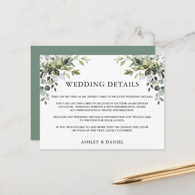 Carte Postale Détails du Mariage vert Sage Green Insert Card (Devant/Arrière en situation)