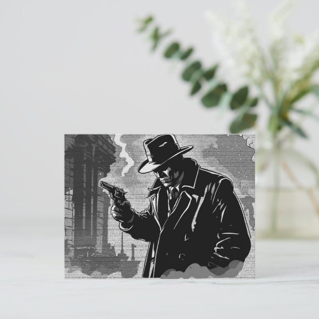 Carte Postale Détective urbain bourru de style graphique BD BW d (Debout devant)