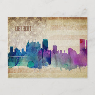 Carte Postale Detroit, MI   Aquarelle Ville Skyline