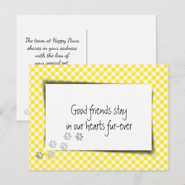 Carte Postale Deuil d'animal de compagnie en gingham jaune du vé (Devant / Derrière)
