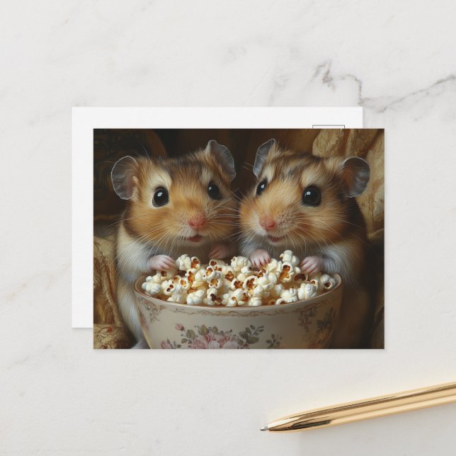 Carte Postale Deux adorables hamsters avec du pop-corn (Devant/Arrière en situation)