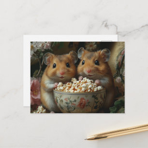 Carte Postale Deux adorables hamsters avec un bol géant de popco
