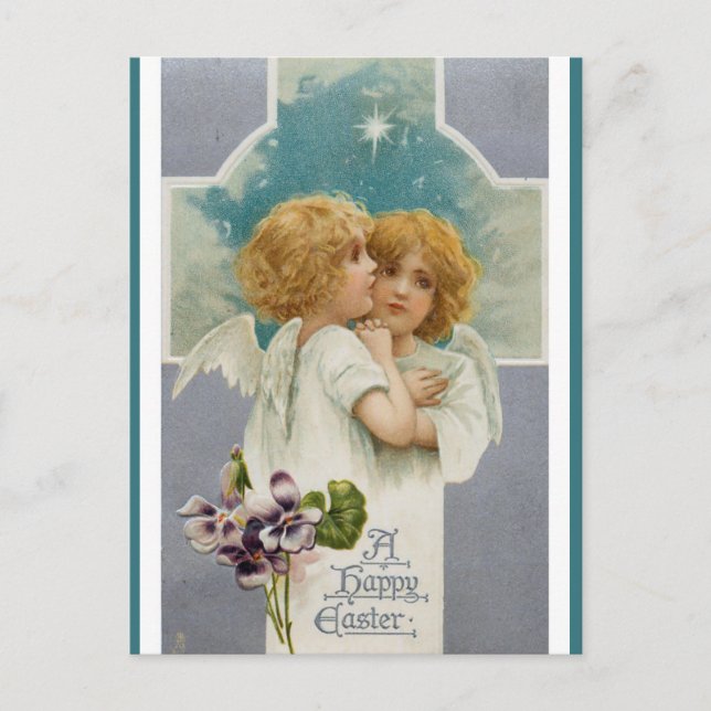 Carte Postale Deux anges et une croix voeux de Pâques (Devant)