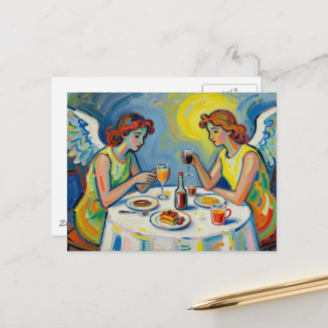 Carte Postale Deux anges partagent un repas (Devant/Arrière en situation)