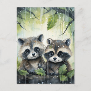Carte Postale Deux bébés ratons laveurs sous la pluie