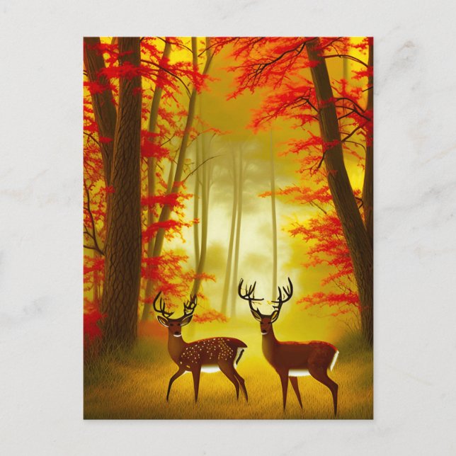 Carte Postale Deux cerfs dans une forêt d'automne / Bois (Devant)