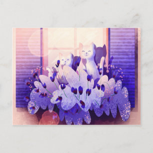 Carte Postale Deux chats blancs assis à la fenêtre au coucher du