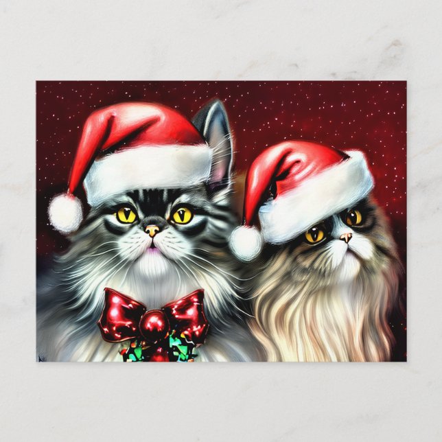 Carte Postale Deux Chats Posent À Santa Hat (Devant)