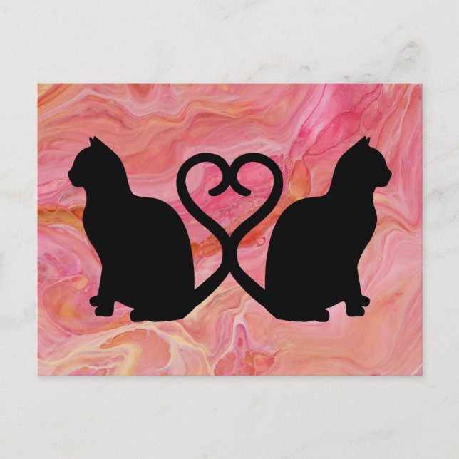 Carte Postale Deux chats - Tails cardiaques sur marbre rose (Devant)