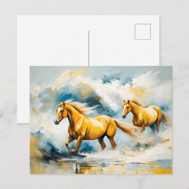 Carte Postale Deux Chevaux À Travers De L'Eau Peu Profonde (Devant / Derrière)