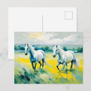 Carte Postale Deux Chevaux Blancs Courant à Travers des Fleurs J