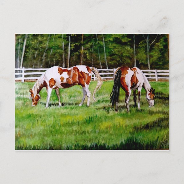 Carte Postale Deux Chevaux de Peinture broutant (Devant)